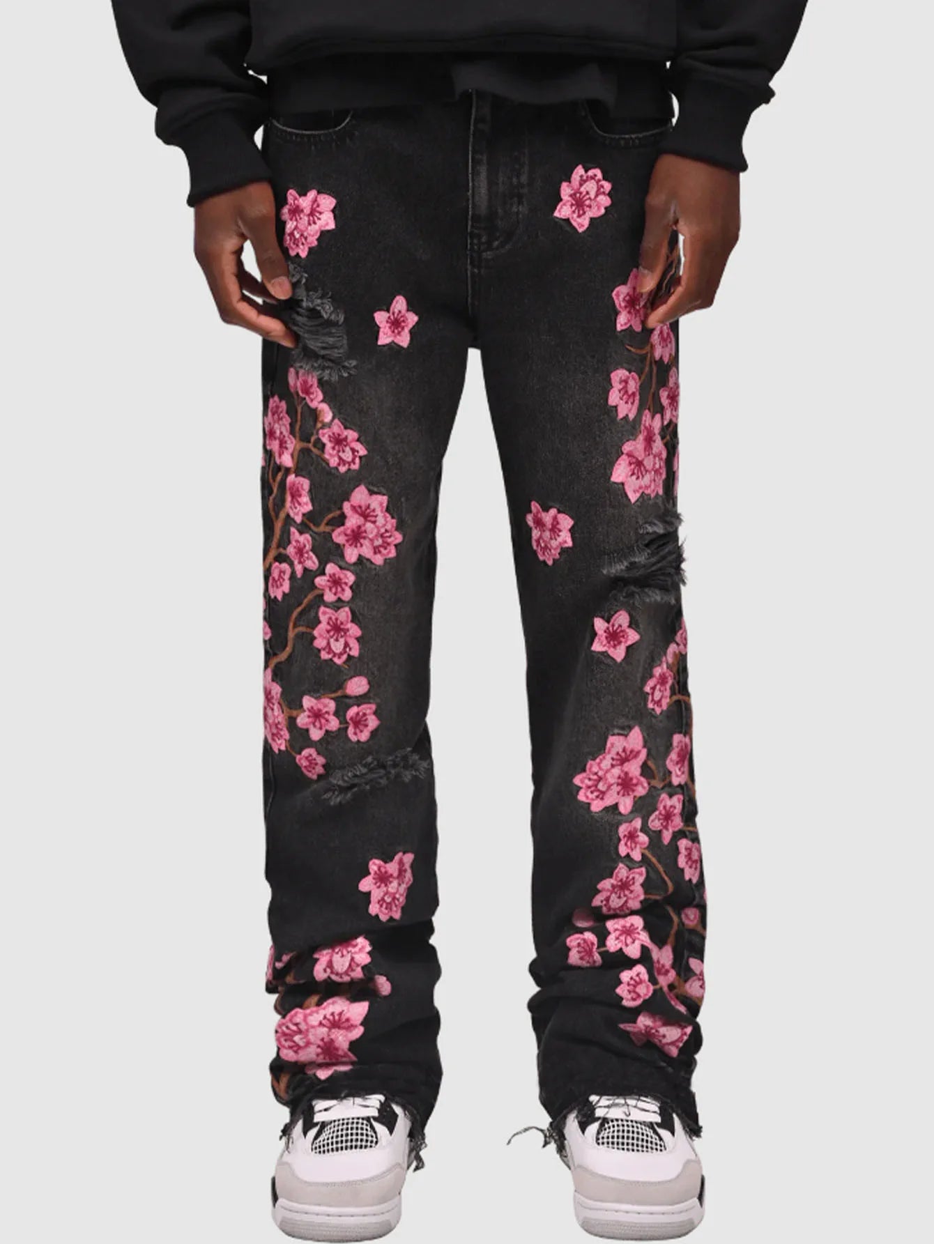 Jean Homme Imprimé Coupe Droite — Streetwear Trous Épissés Poches Bouton Taille Moyenne Printemps Été | wulend