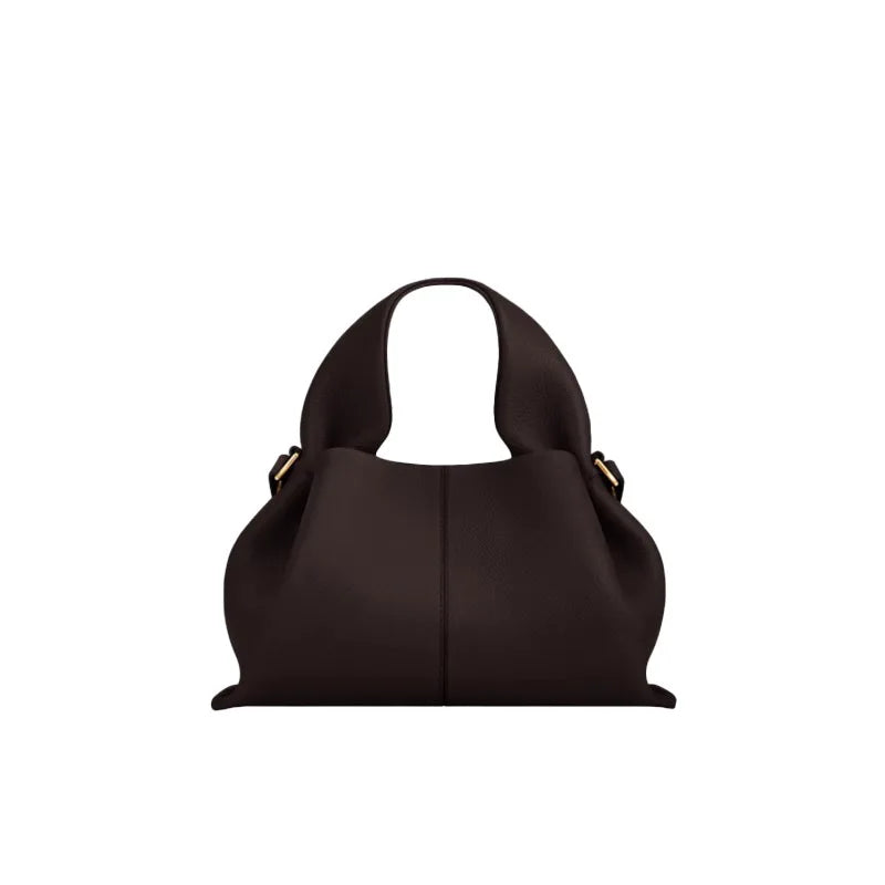 Sac Seau Plissé en Cuir Véritable — Bandoulière Luxe Couleur Unie