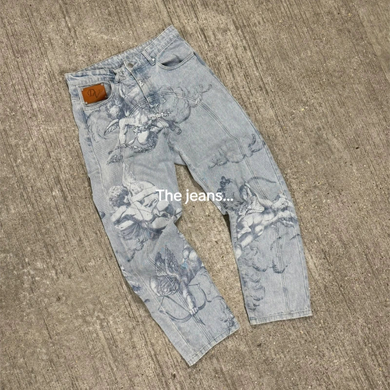 Jean Baggy Droit Y2K Ange Cupidon Unisexe — 100% Coton Lavé Pierre Streetwear BiggOrange