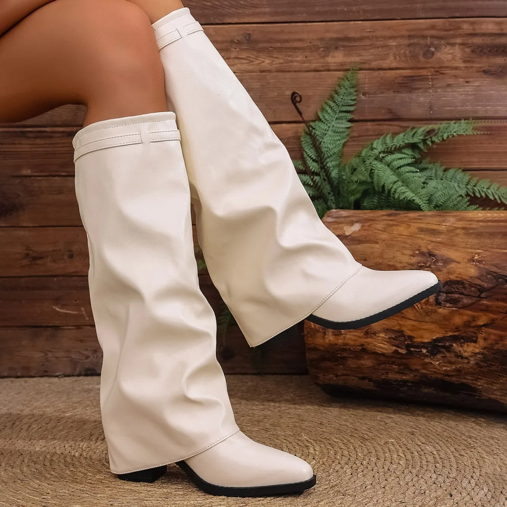 Bottes Pliantes Hauteur Genou Cuir PU — Semelles Épaisses Jambes Larges Style Coréen