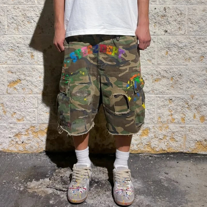 Short Cargo Y2K Camouflage — Éclaboussures de Peinture, Baggy, Hip Hop Unisexe | BiggOrange