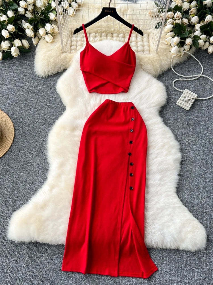 Ensemble 2 Pièces Été — Haut Court Col V + Jupe Longue Fendue Taille Haute Élastique Couleur Unie | Foamlina