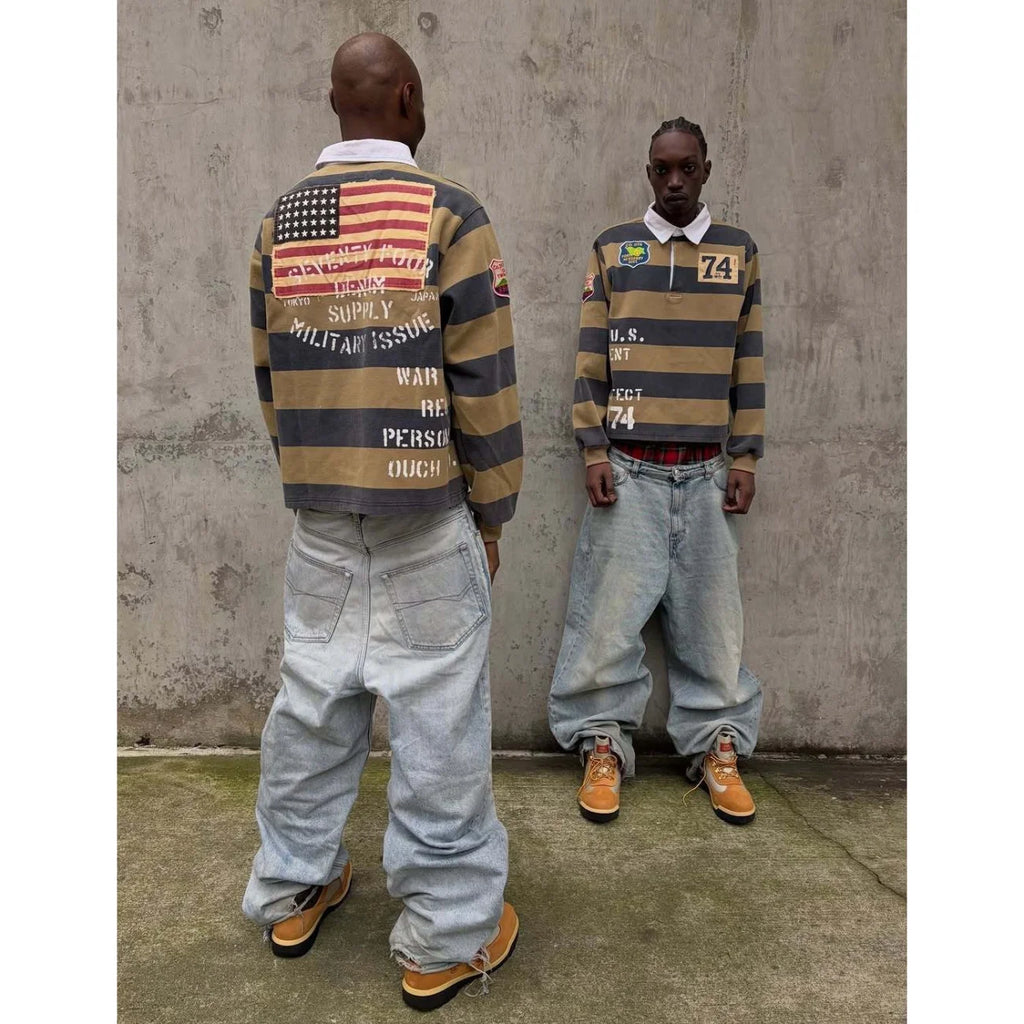 T-shirt Manches Longues Col Rond Unisexe — Style Harajuku Hip Hop Broderie Lettre Patchwork Rayures Graphiques Y2K | ANHUHU