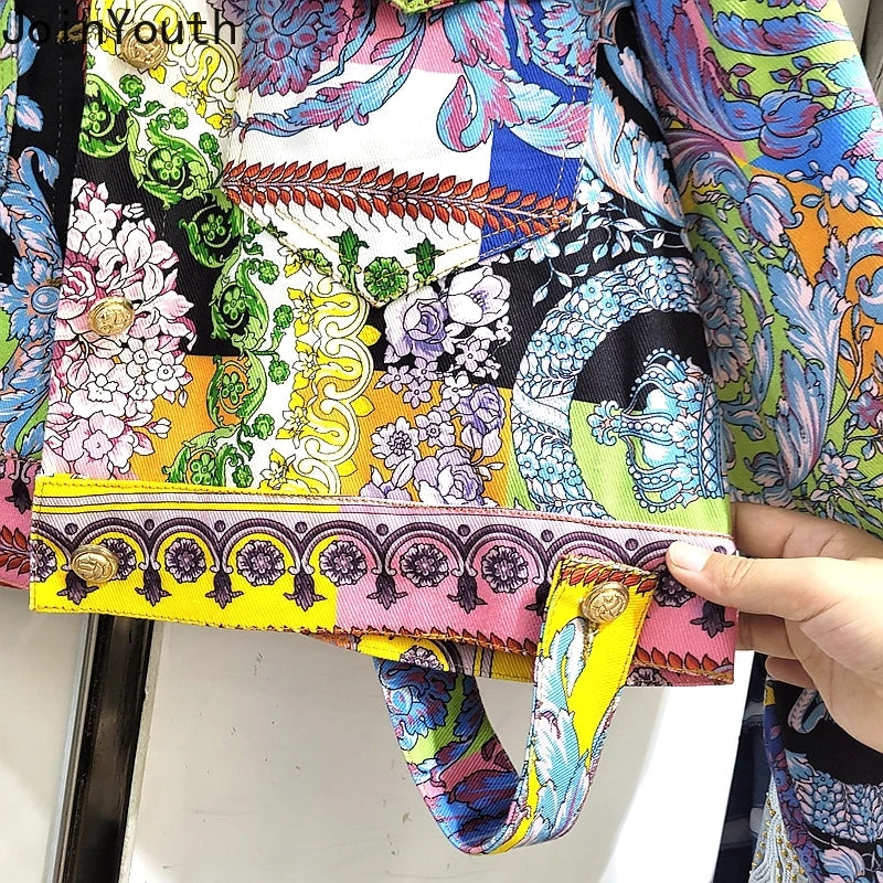 Veste en Jean Harajuku Imprimé Floral – Manteau Court Denim Coréen Y2K Streetwear | Femme 2025
