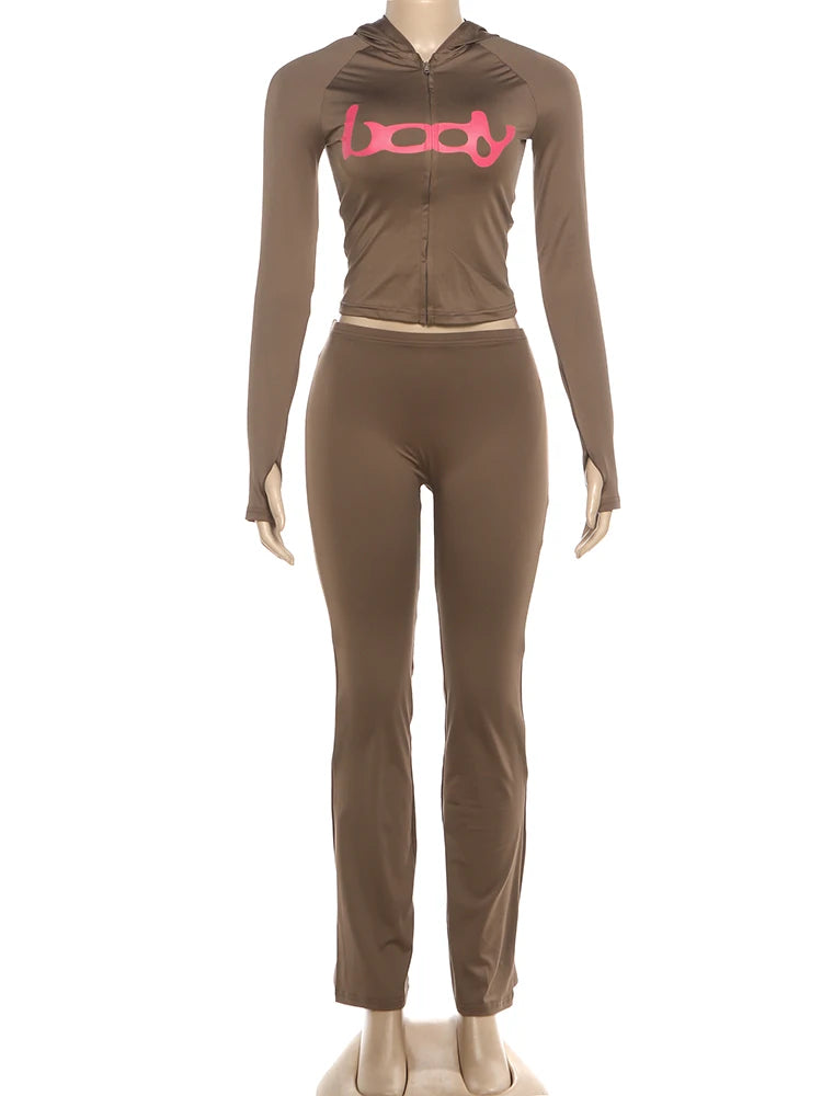 Ensemble 2 Pièces Survêtement Imprimé Lettres – Veste Zippée & Legging Stretch High Street | Femme