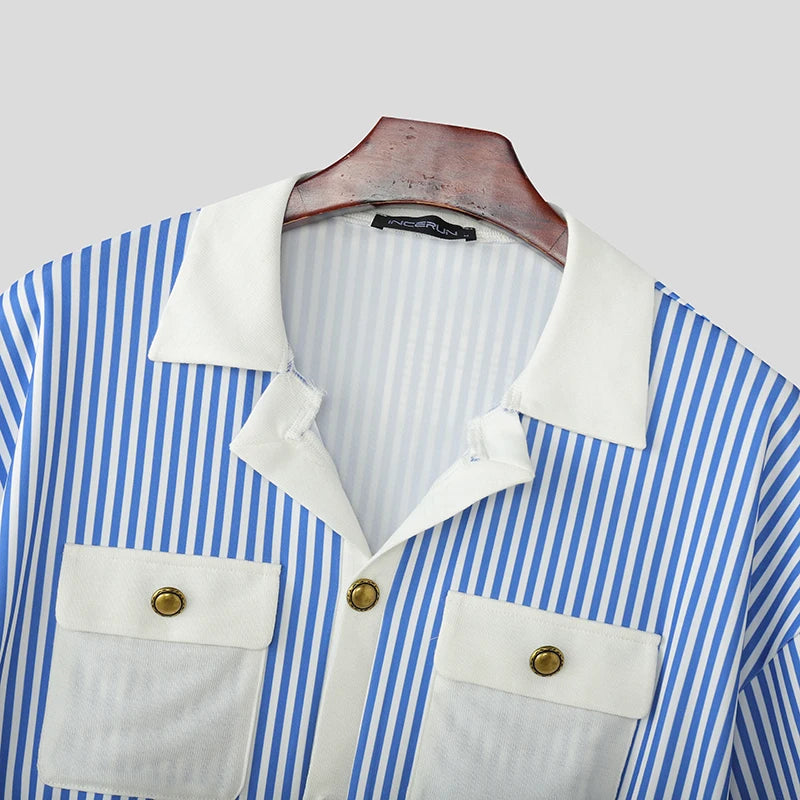 Chemise Rayée Patchwork Coutures Colorées INCERUN — Manches Courtes Ajustée Été 3 Coloris