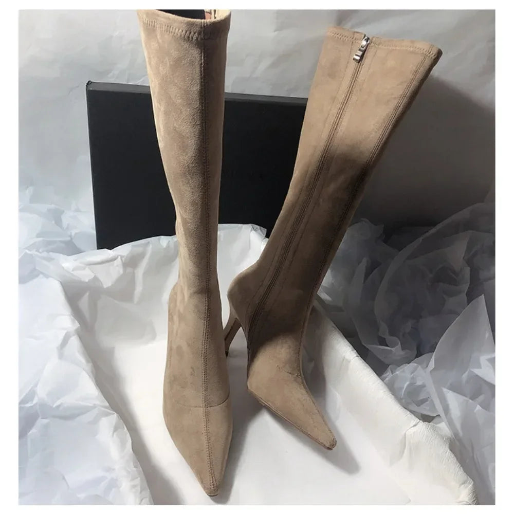 Bottines Cheville Daim Élastique Bout Pointu — Talon Aiguille Sexy Fermeture Éclair