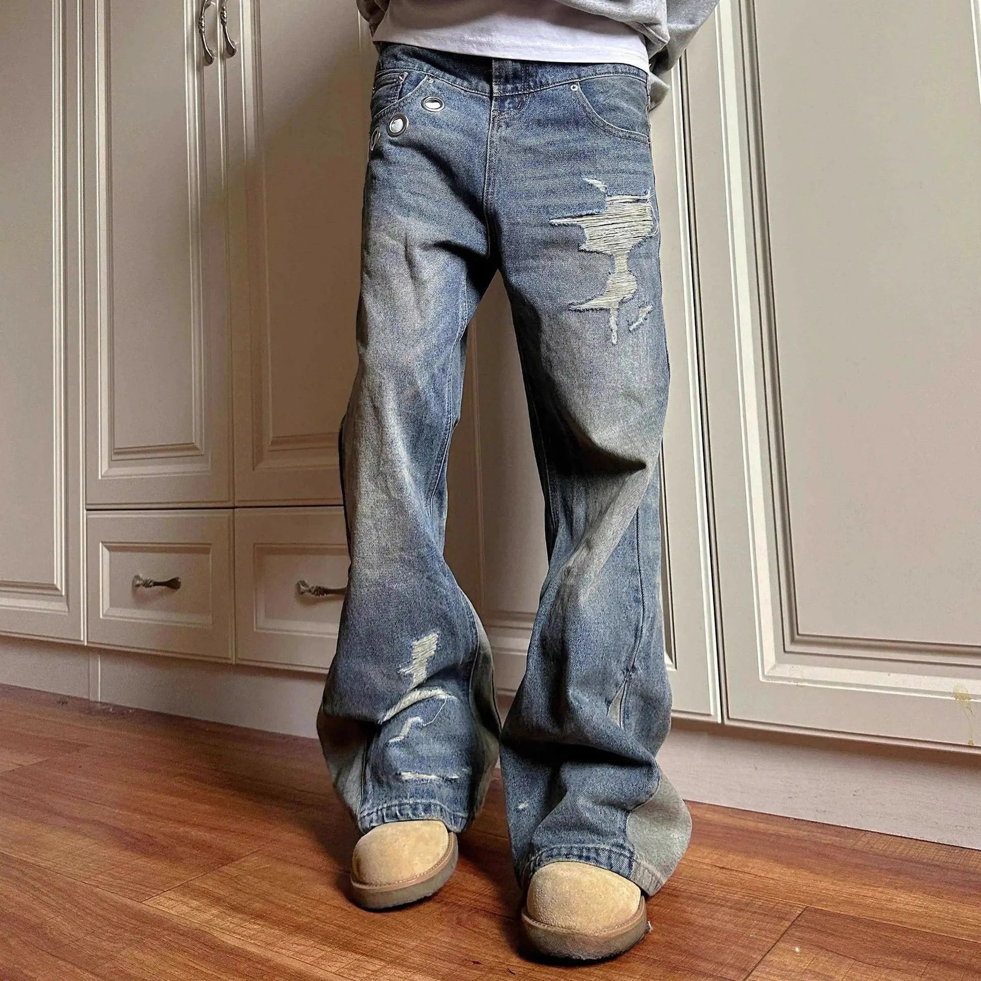 Jean Patchwork Délavé Style Rétro Américain — Coupe Droite, Denim Bleu | Homme