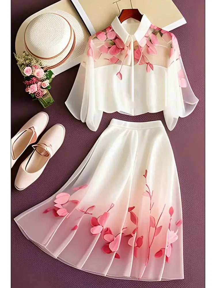 Ensemble 2 Pièces Élégant — Chemise Florale Manches Courtes Lâche + Jupe Mi-Mollet Taille Élastique | Printemps Été