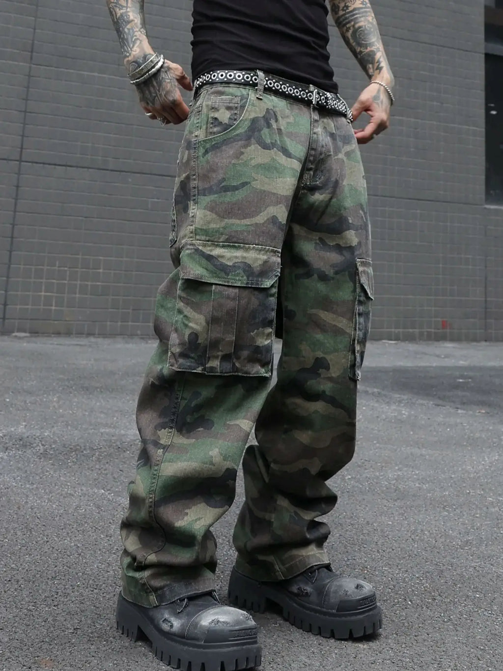 Jean Cargo Camouflage Vert Armée Multi-Poches — Coupe Ample Style Militaire Streetwear Homme