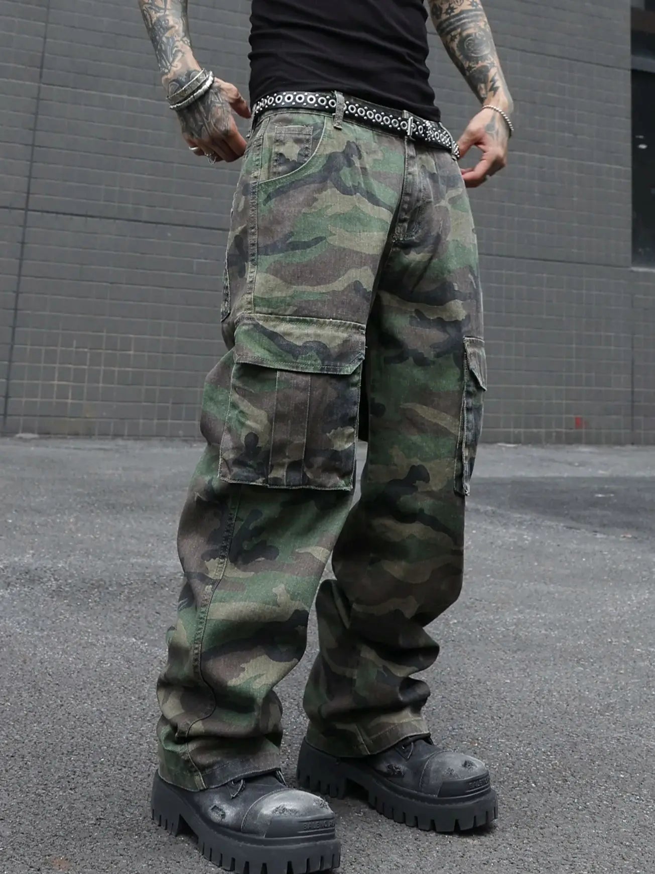 Jean Cargo Camouflage Vert Armée Multi-Poches — Coupe Ample Style Militaire Streetwear Homme