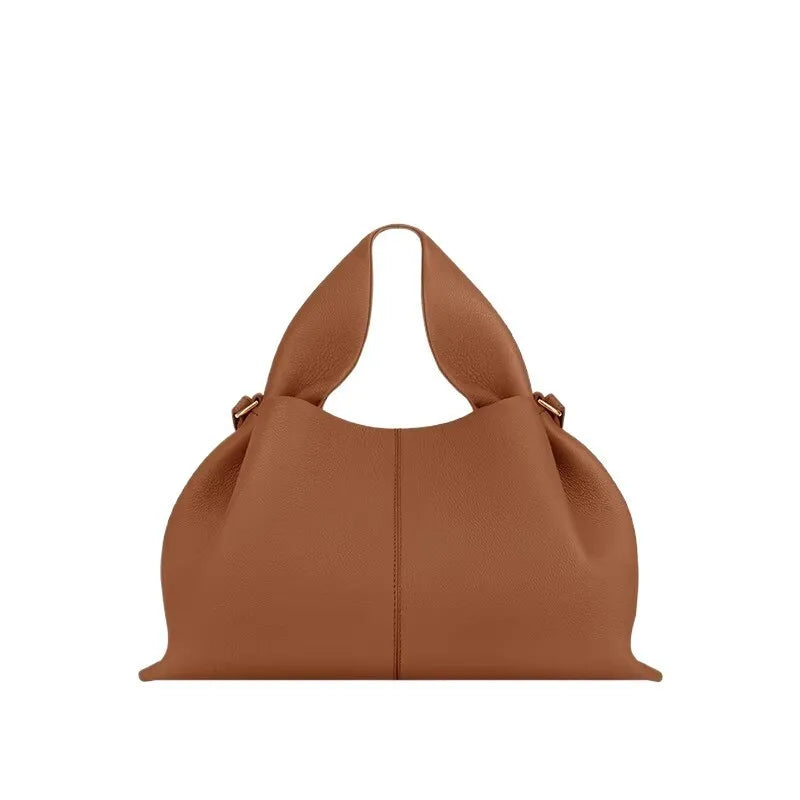 Sac Seau Plissé en Cuir Véritable — Bandoulière Luxe Couleur Unie