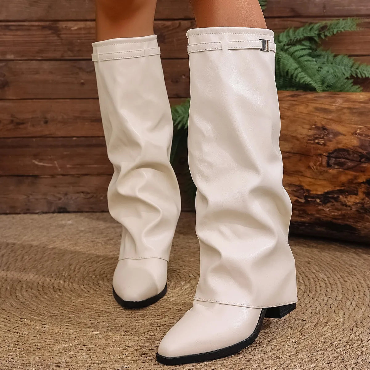 Bottes Pliantes Hauteur Genou Cuir PU — Semelles Épaisses Jambes Larges Style Coréen
