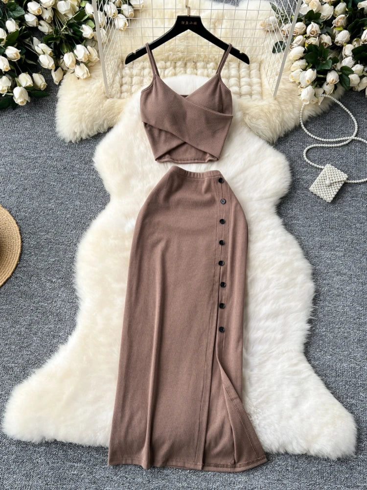 Ensemble 2 Pièces Été — Haut Court Col V + Jupe Longue Fendue Taille Haute Élastique Couleur Unie | Foamlina