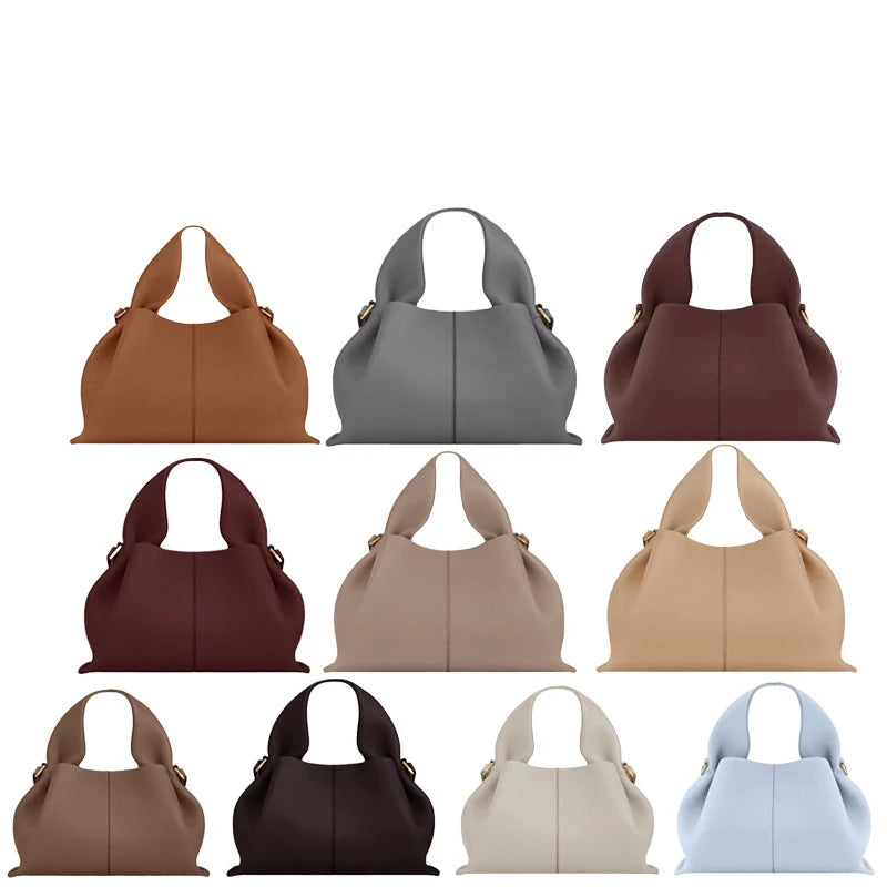 Sac Seau Plissé en Cuir Véritable — Bandoulière Luxe Couleur Unie
