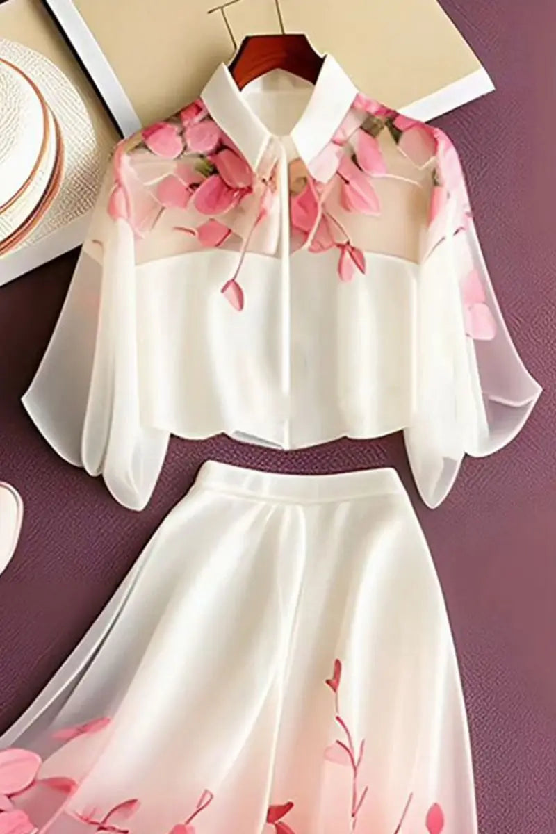 Ensemble 2 Pièces Élégant — Chemise Florale Manches Courtes Lâche + Jupe Mi-Mollet Taille Élastique | Printemps Été