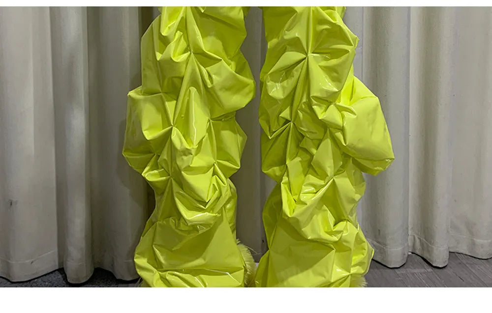 Pantalon Jambe Large Plissé PVC Brillant Jaune Y2K Luxe — Simili Cuir Streetwear Mauroicardi