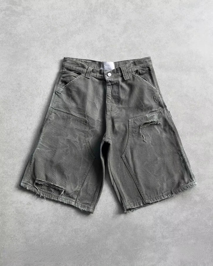 Short Denim Y2K Gothique – Broderie Croix Diamant & Strass Streetwear Hip-Hop | Unisexe
