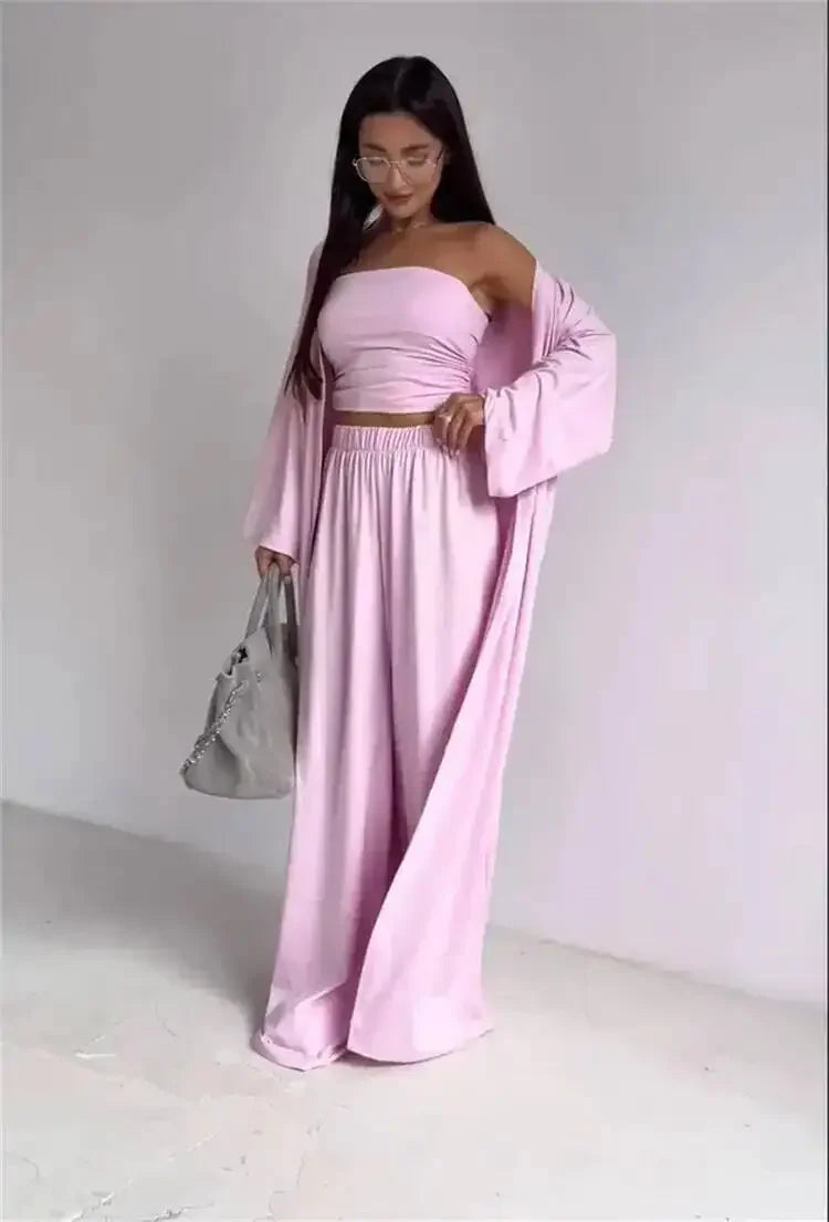 Ensemble 3 Pièces Femme — Débardeur, Long Cardigan & Pantalon Large Élégant | Bureau Été