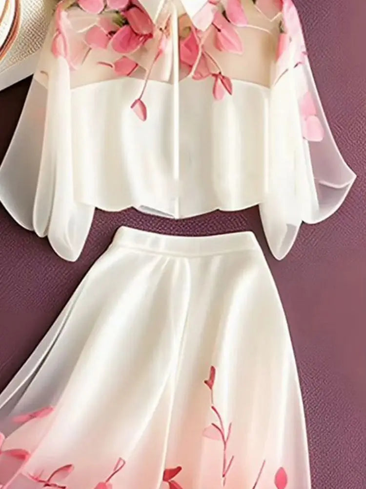 Ensemble 2 Pièces Élégant — Chemise Florale Manches Courtes Lâche + Jupe Mi-Mollet Taille Élastique | Printemps Été