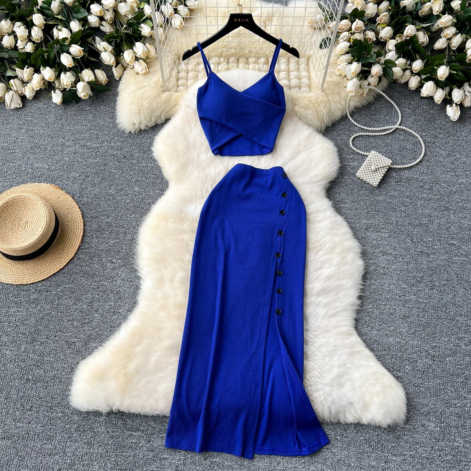 Ensemble 2 Pièces Été — Haut Court Col V + Jupe Longue Fendue Taille Haute Élastique Couleur Unie | Foamlina