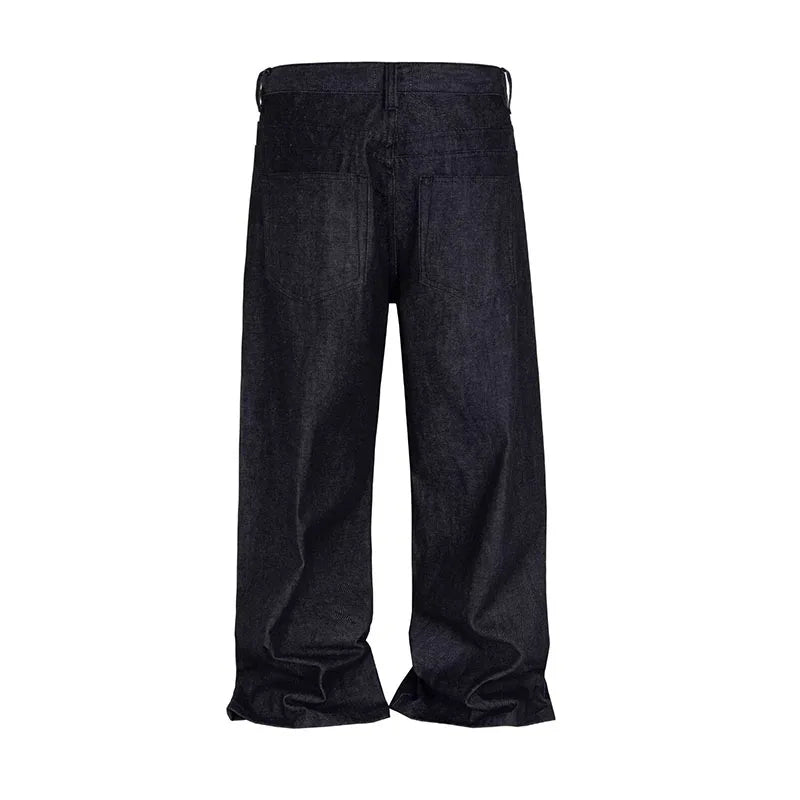Jean Noir Ample Jambe Large Rétro Boucle — Style Urbain High Street Homme Grandes Tailles