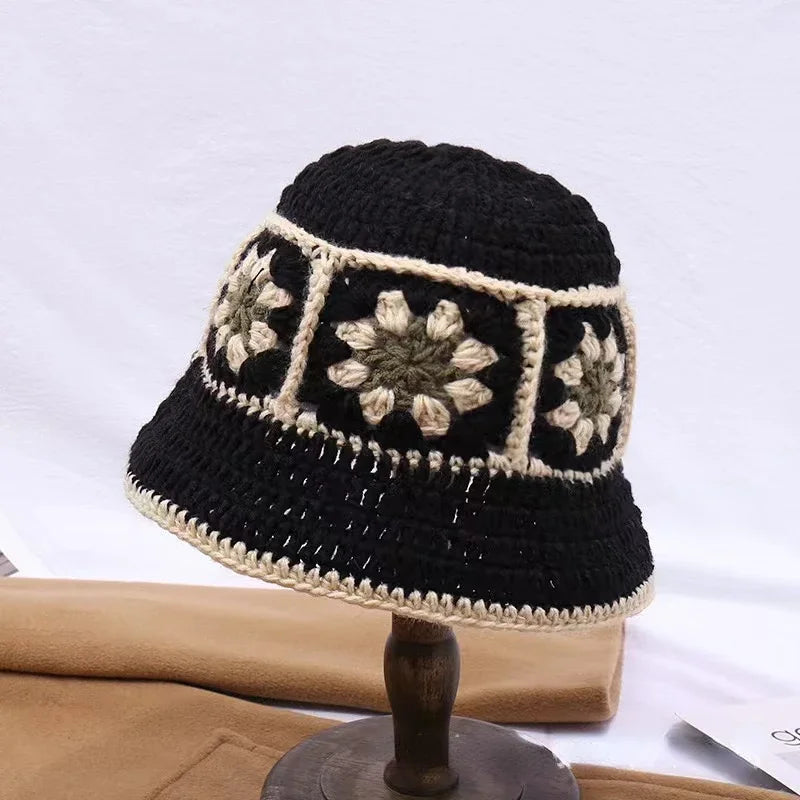 Chapeau Seau Coréen Crocheté à la Main – Bob Fleurs Y2K | Femme Automne Hiver 2025
