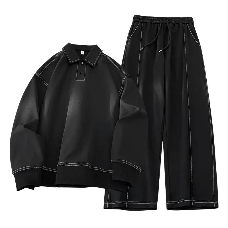 Ensemble 2 Pièces Sport Homme — T-Shirt Col Carré Manches Longues + Pantalon Élastique Décontracté | Printemps