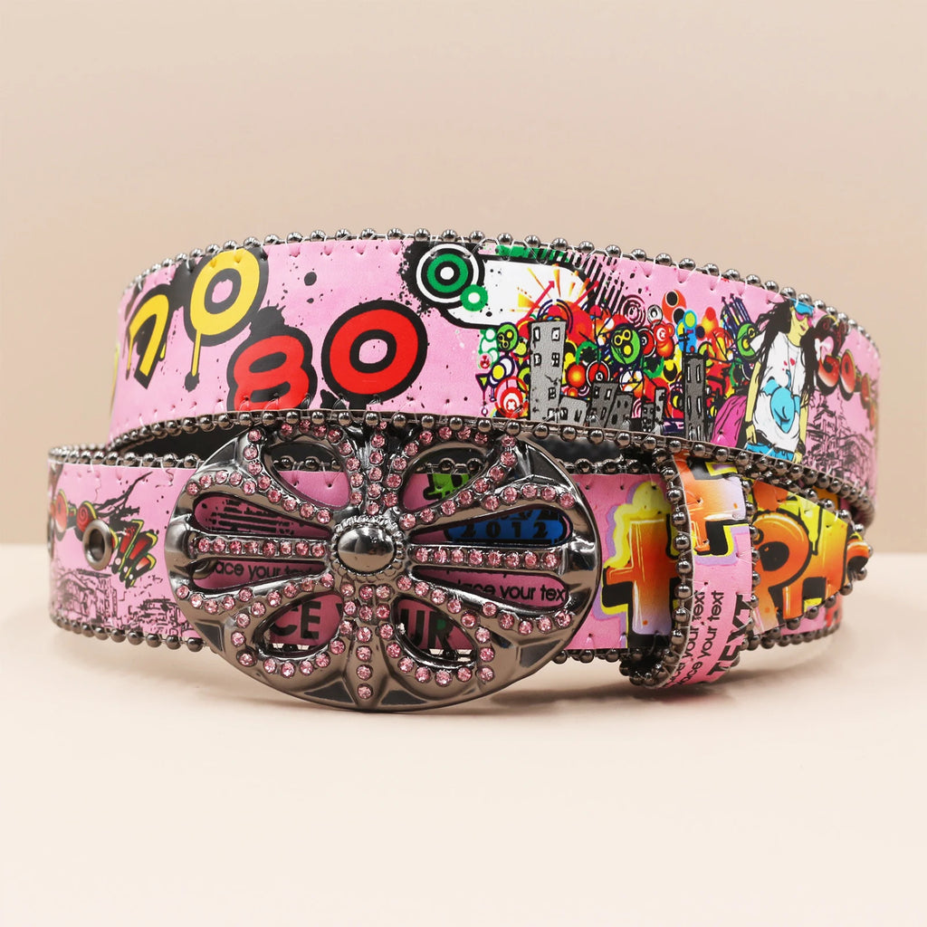 Ceinture PU Unisexe — Imprimé Graffiti Punk Bohème Y2K Hip Hop Western Cowboy Cowgirl Boucle Personnalisée