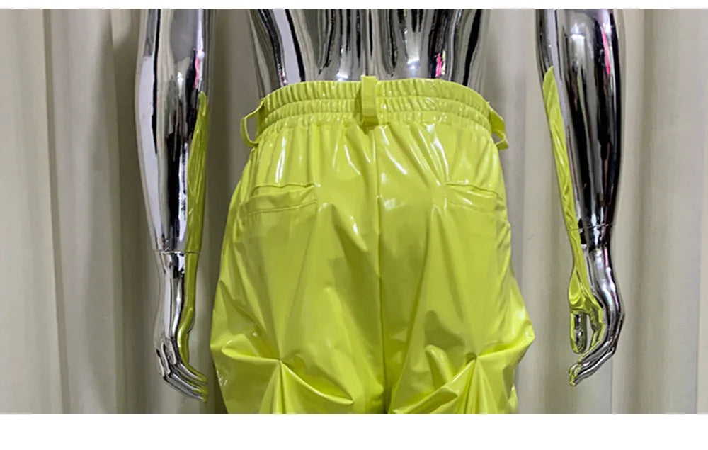 Pantalon Jambe Large Plissé PVC Brillant Jaune Y2K Luxe — Simili Cuir Streetwear Mauroicardi