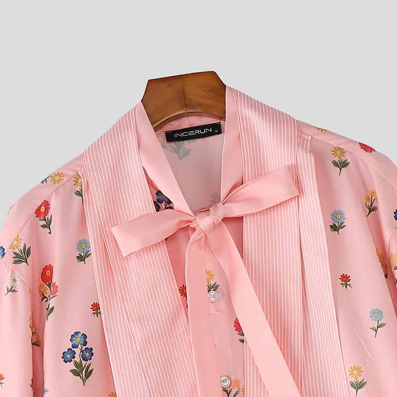 Chemise Florale Patchwork Manches 3/4 — Col V à Nouer, Streetwear Ample | INCERUN 2026