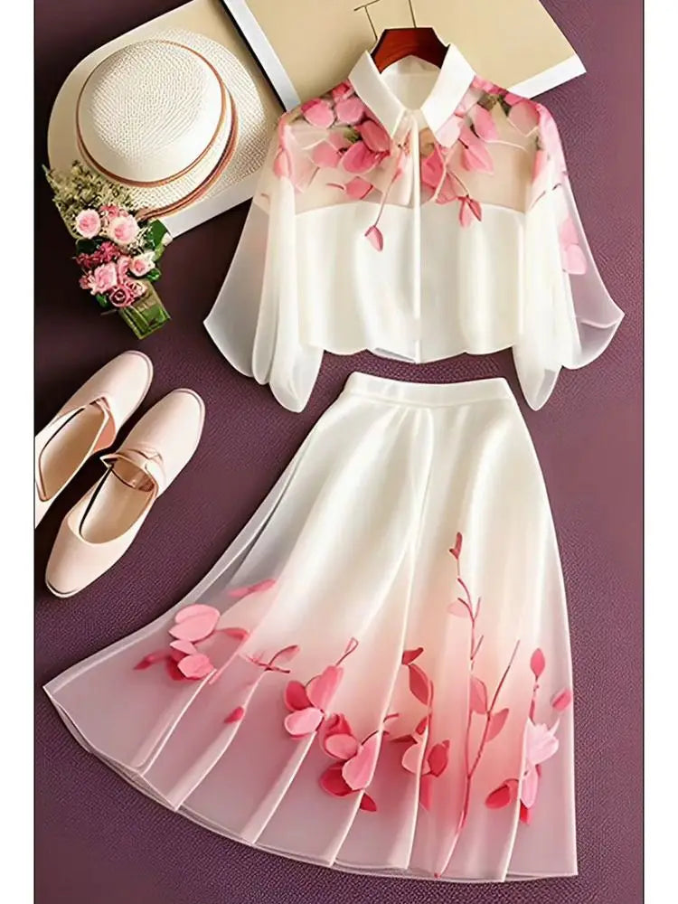 Ensemble 2 Pièces Élégant — Chemise Florale Manches Courtes Lâche + Jupe Mi-Mollet Taille Élastique | Printemps Été