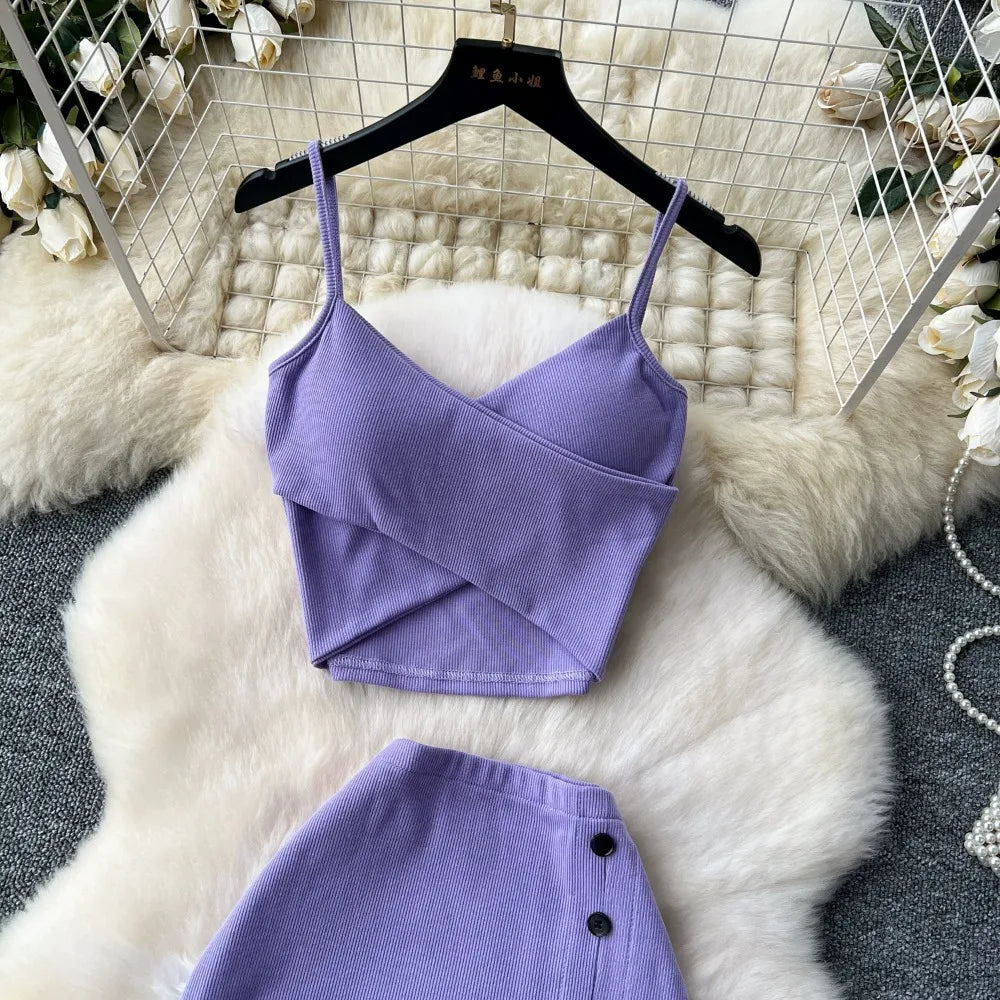 Ensemble 2 Pièces Été — Haut Court Col V + Jupe Longue Fendue Taille Haute Élastique Couleur Unie | Foamlina