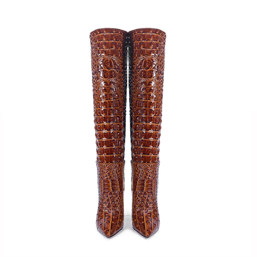 Bottines Western Talon Aiguille Style Rétro — Effet Crocodile Luxe Tailles 35-47
