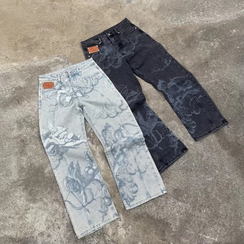 Jean Baggy Droit Y2K Ange Cupidon Unisexe — 100% Coton Lavé Pierre Streetwear BiggOrange