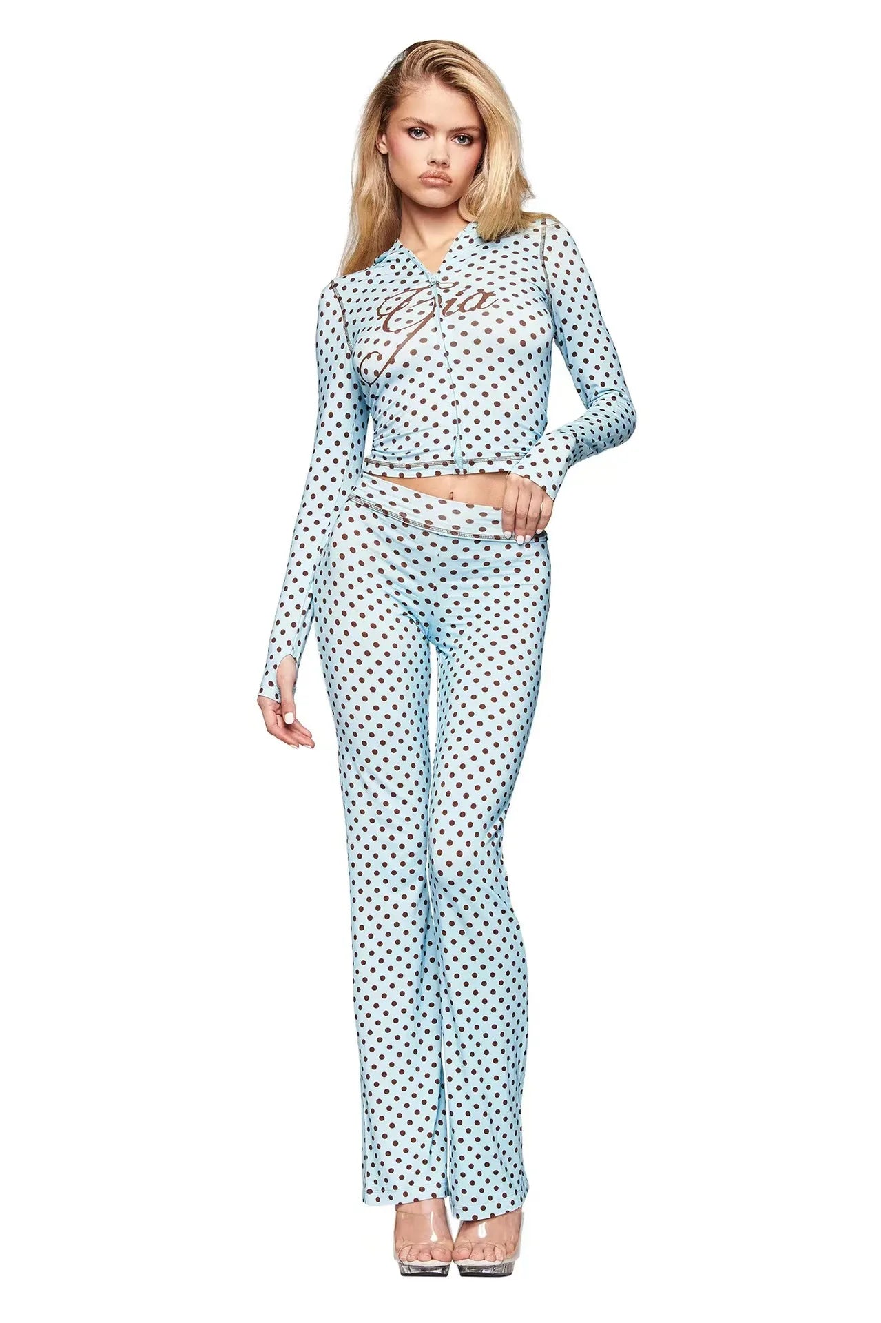 Ensemble veste courte à capuche zippée et pantalon, coupe slim, imprimé lettres, design à fils apparents, GIA