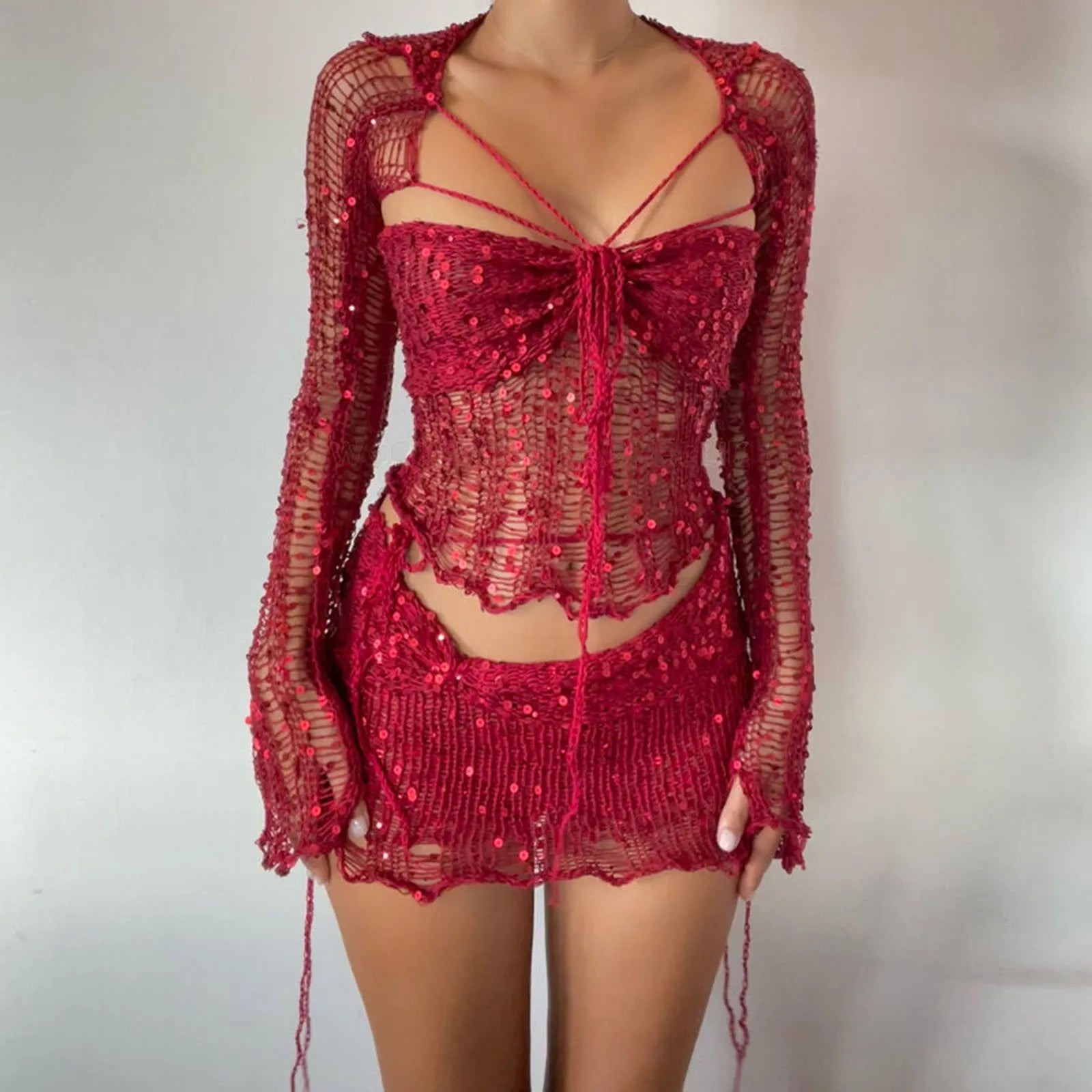 Ensemble 2 Pièces Sexy — Robe Tricotée À Paillettes Manches Évasées + Jupe Crochet Boîte de Nuit | 2025