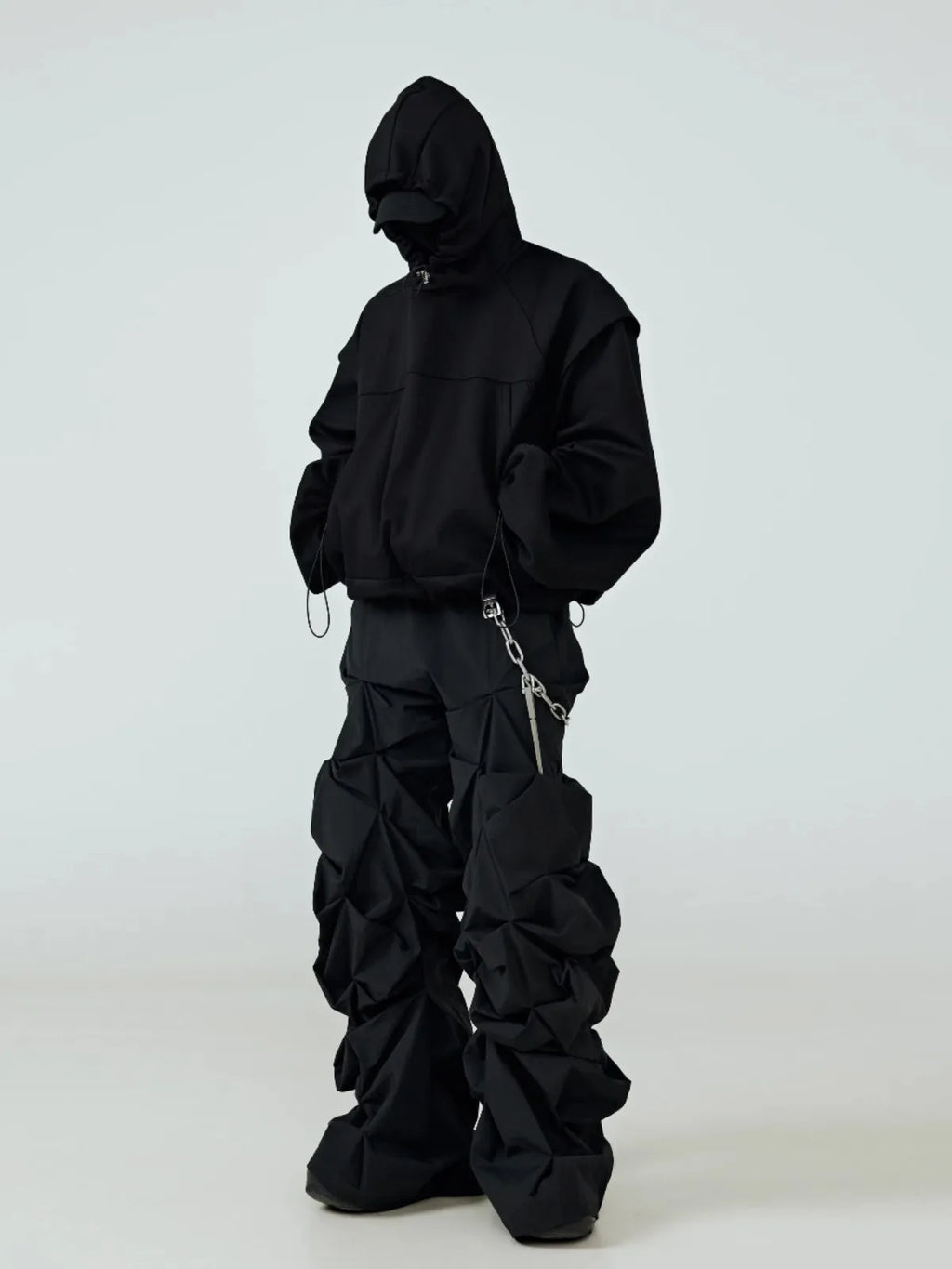 Pantalon Jambe Large Noir Empilé Streetwear Luxe — Plissé Taille Élastique 4 Saisons Mauroicardi