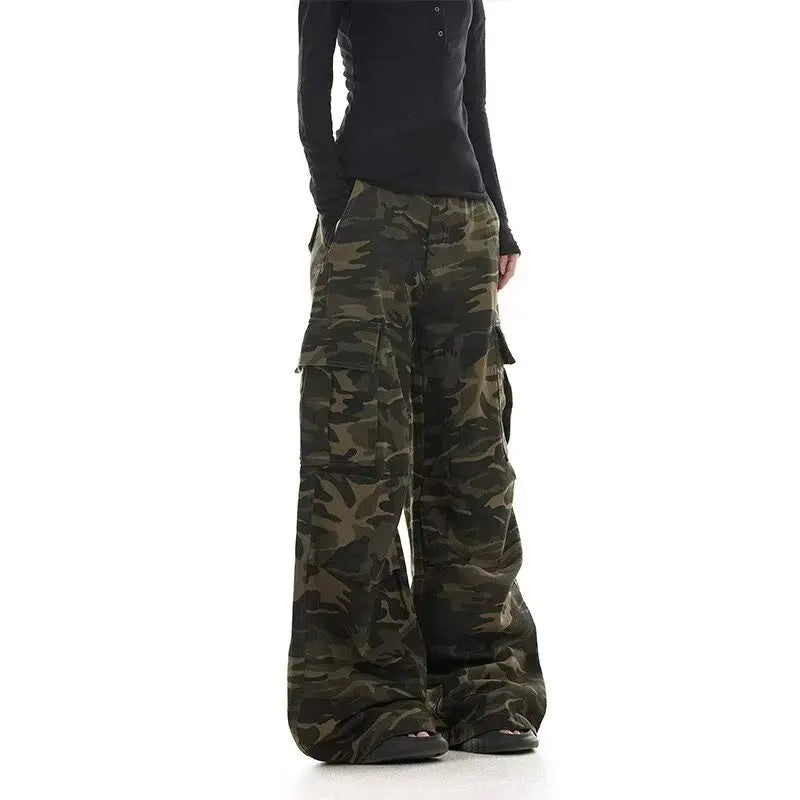 Pantalon Cargo Camouflage Délavé Rétro Américain — Jambe Large Multi-Poches Parachutiste Hip Hop