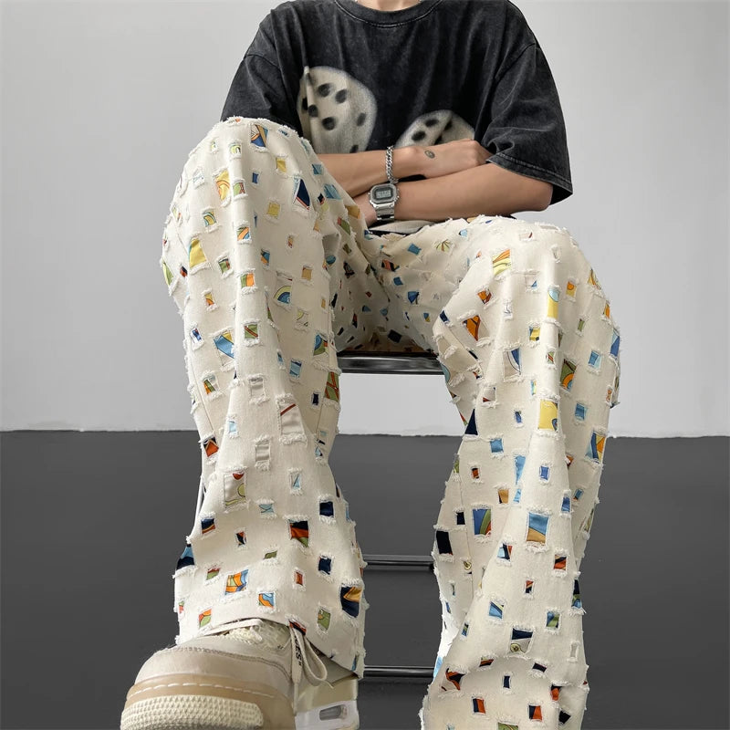 Pantalon Large Ajouré Rétro – Streetwear Hip-Hop À Carreaux Colorés | Homme Décontracté
