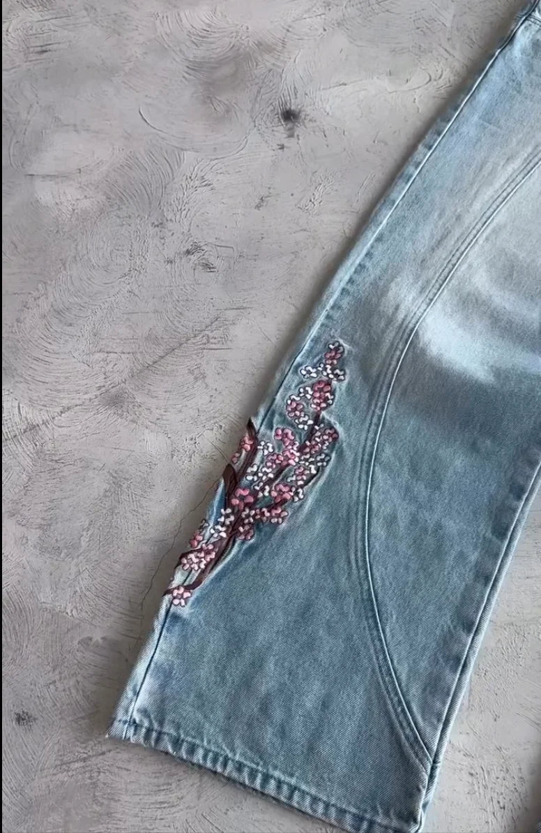 Jean Baggy Droit Y2K Broderie Fleur de Cerisier Chevalier — Denim Vintage Streetwear BiggOrange