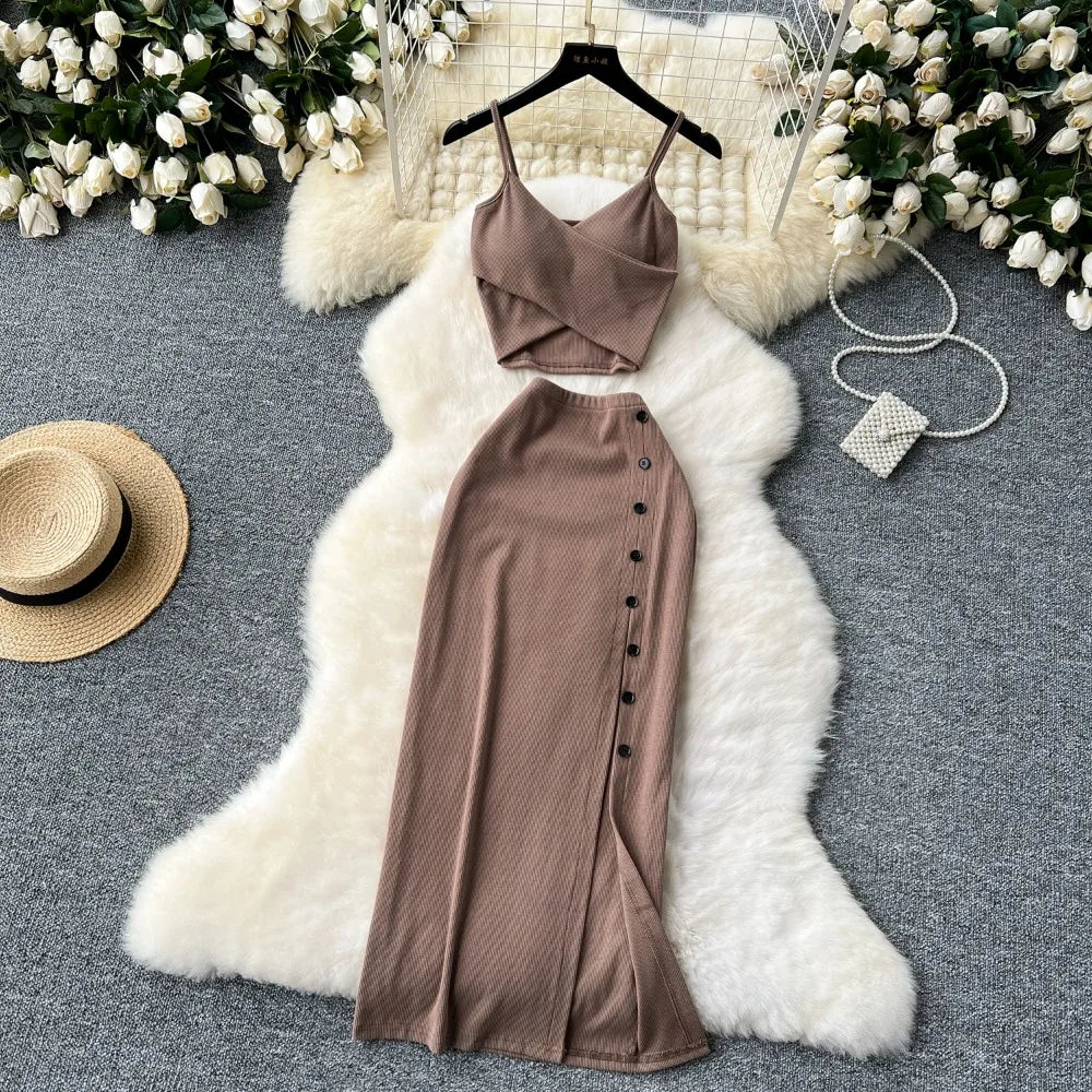 Ensemble 2 Pièces Été — Haut Court Col V + Jupe Longue Fendue Taille Haute Élastique Couleur Unie | Foamlina