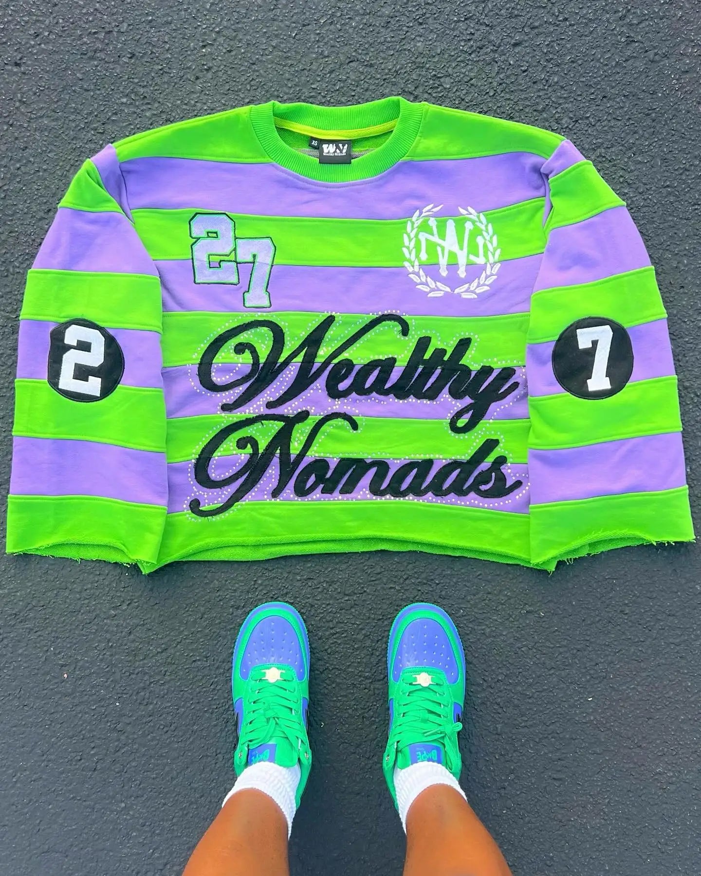 T-shirt Manches Longues Col Rond Unisexe — Style Harajuku Hip Hop Broderie Lettre Patchwork Rayures Graphiques Y2K | ANHUHU