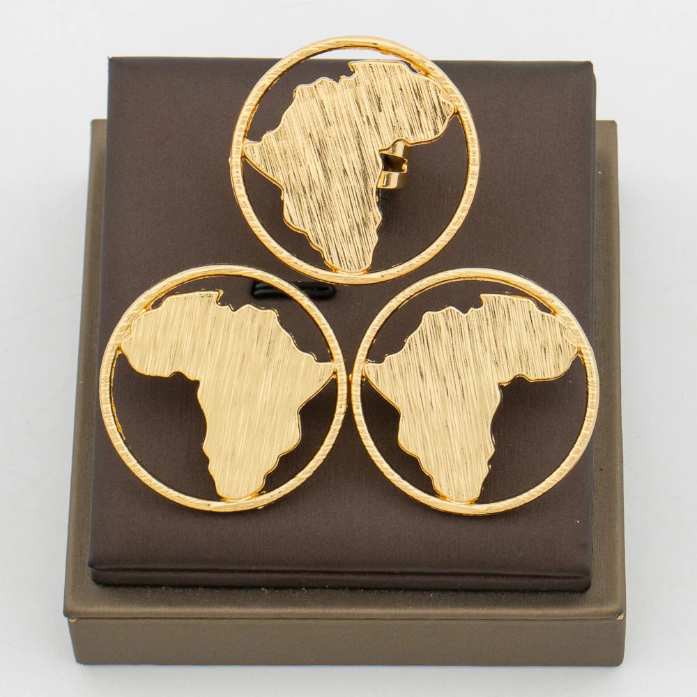 Ensemble Bijoux Carte Africaine – Boucles d'Oreilles & Bague Plaquées Or 18K