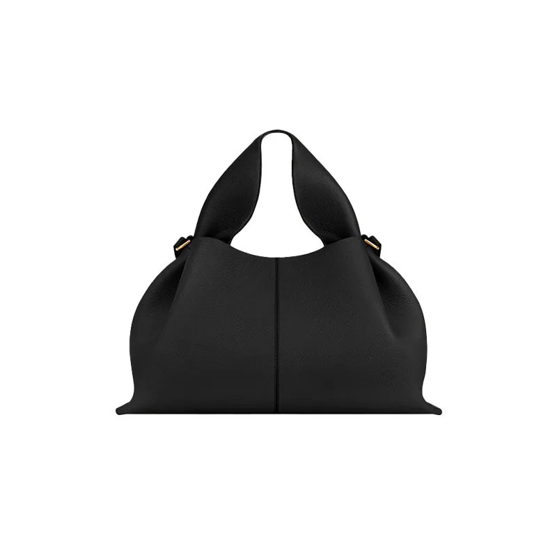Sac Seau Plissé en Cuir Véritable — Bandoulière Luxe Couleur Unie