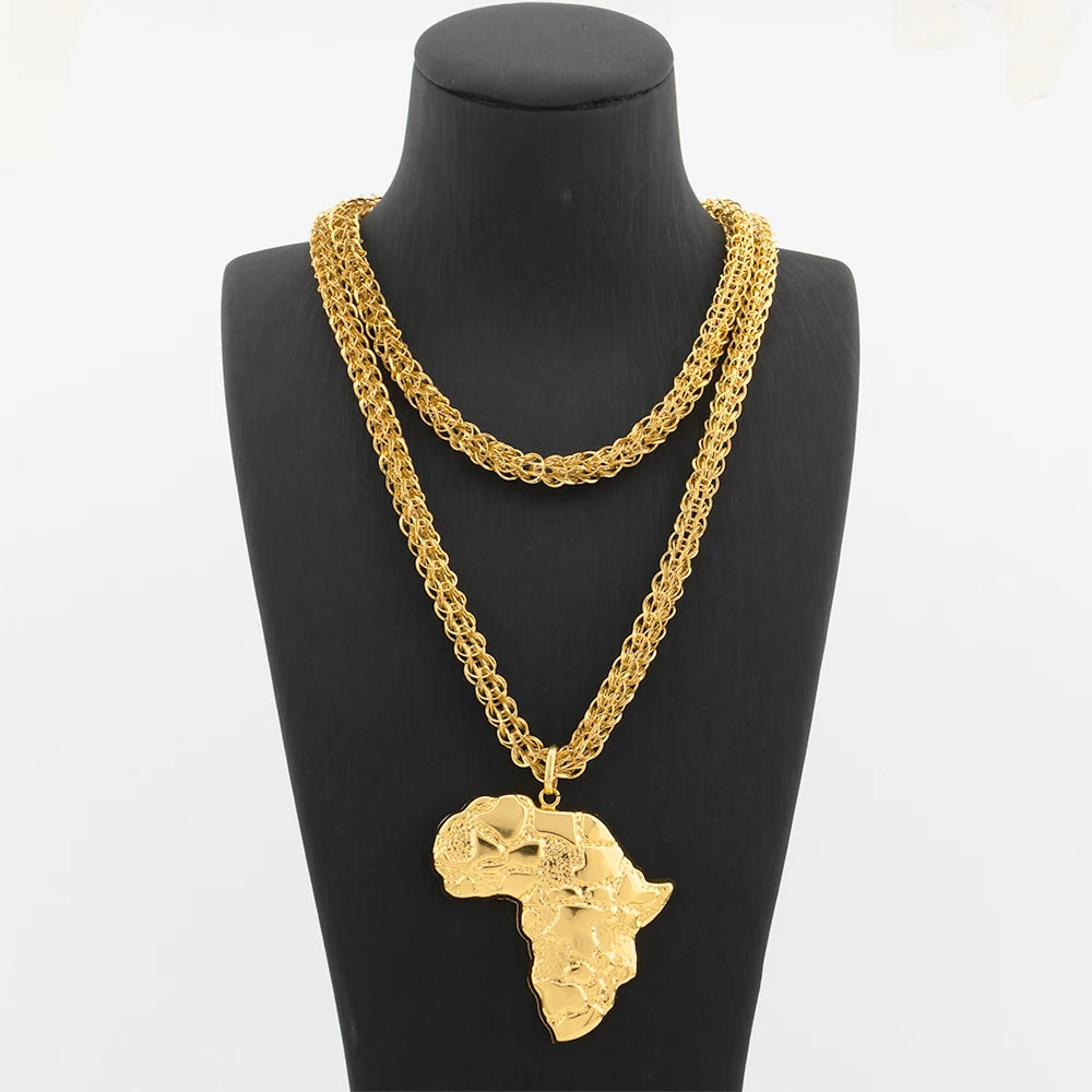 Collier Pendentif Carte d'Afrique – Plaqué Or 18K – Chaîne 100 cm – Mixte