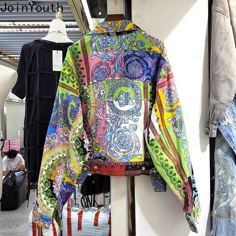 Veste en Jean Harajuku Imprimé Floral – Manteau Court Denim Coréen Y2K Streetwear | Femme 2025