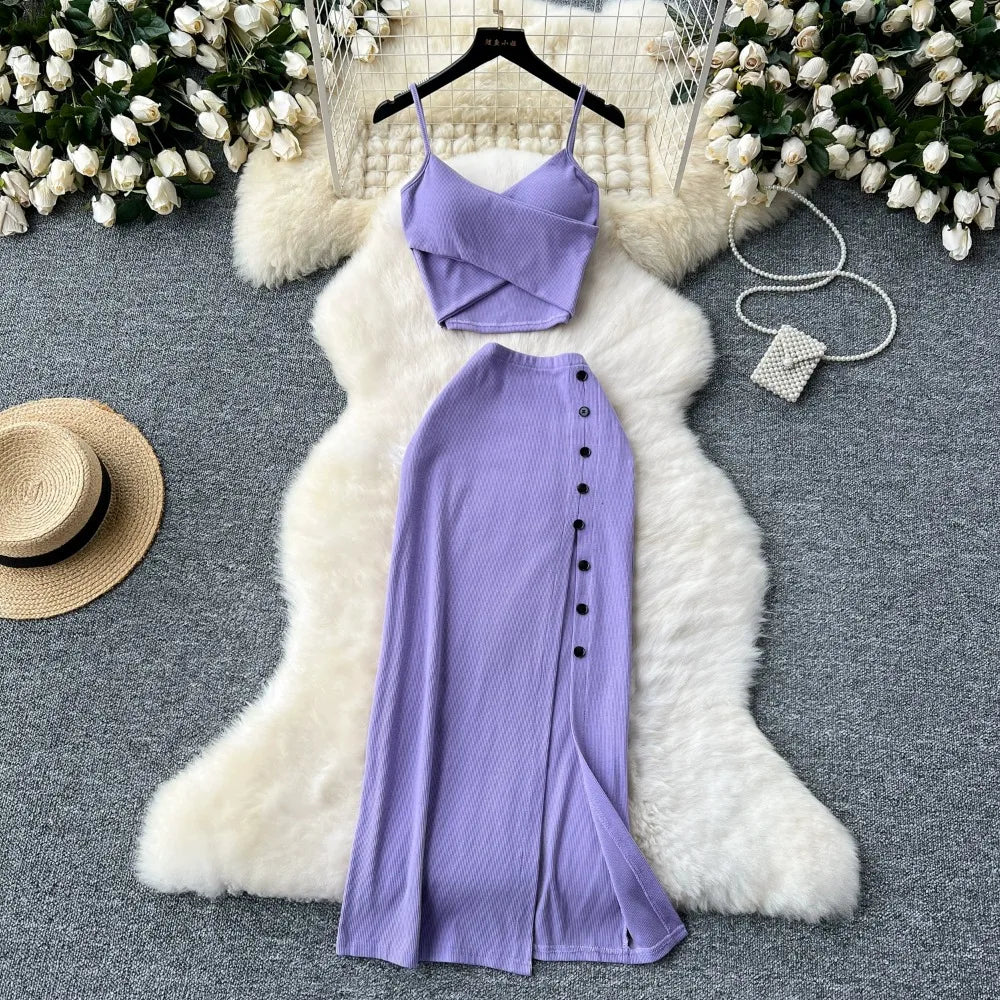 Ensemble 2 Pièces Été — Haut Court Col V + Jupe Longue Fendue Taille Haute Élastique Couleur Unie | Foamlina