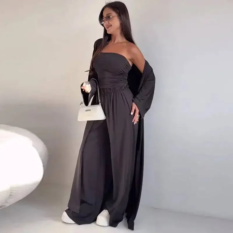 Ensemble 3 Pièces Femme — Débardeur, Long Cardigan & Pantalon Large Élégant | Bureau Été