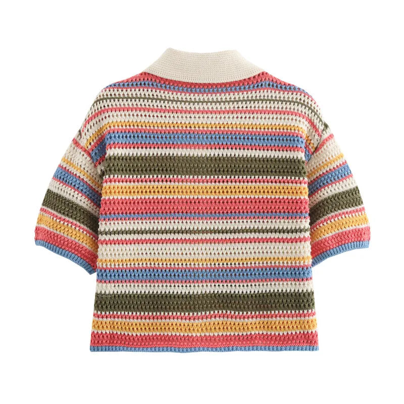 Ensemble Tricoté Rayé Été — Haut Boutonné Col Rabattu Manches Courtes + Short Assorti Décontracté | 2026